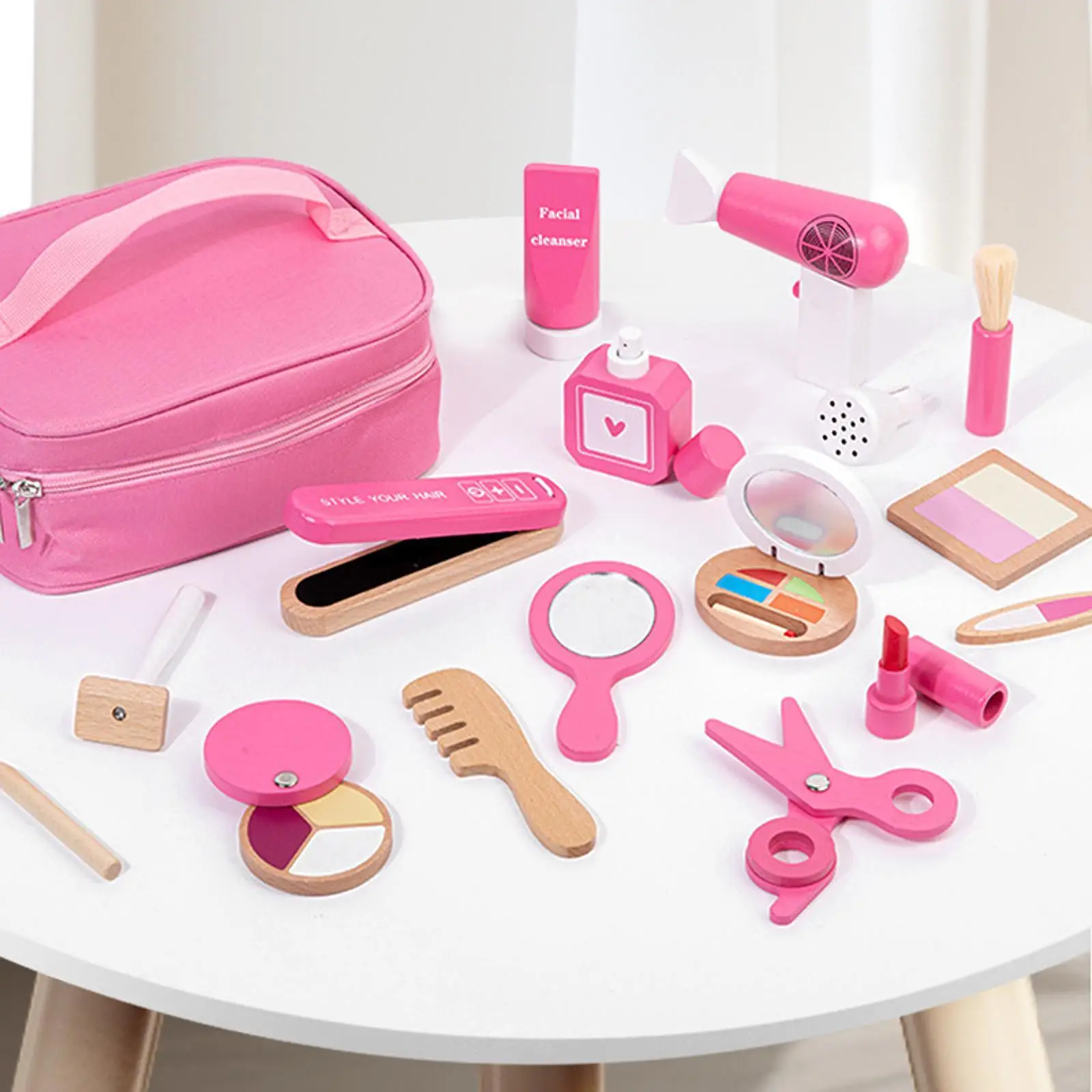 

Pretend Makeup Kit Mirror Wooden Makeup Toy Set for Children Princess Girls