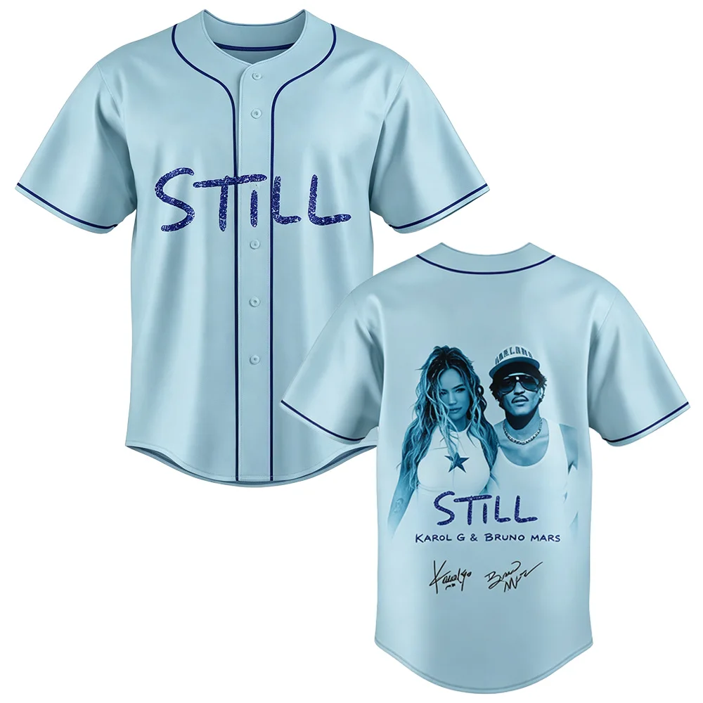 Karol G & Bruno Mars X STILL 2026 Light Blue Baseball Jersey 3D Print Y2K Baseball Shirt Hip Hop Unisex Loose Casual Streetwear