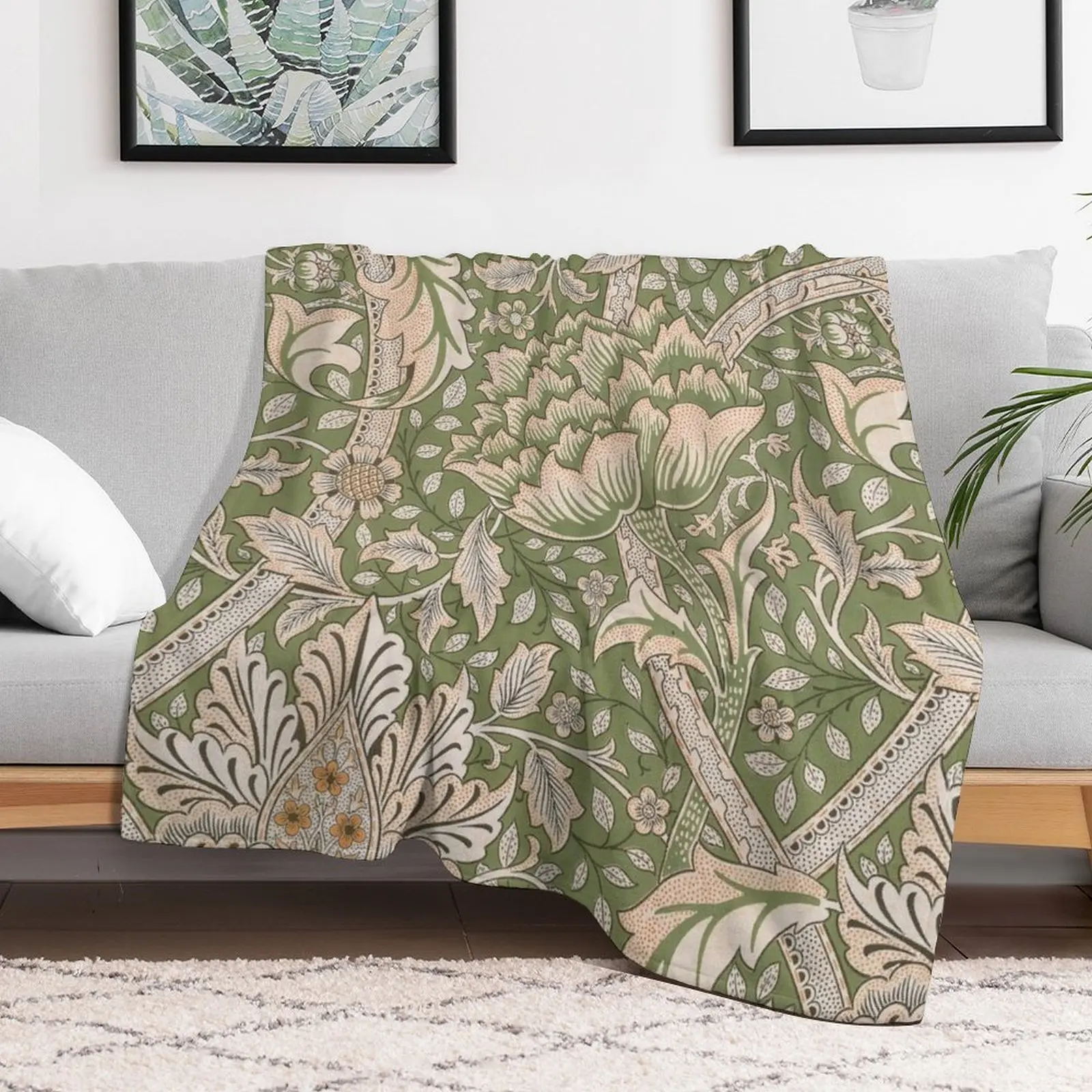 William Morris Sage Green Windrush floral Leaves Vintage Pattern -Victorian Botanical Designs, Throw Blanket wednesday Blankets