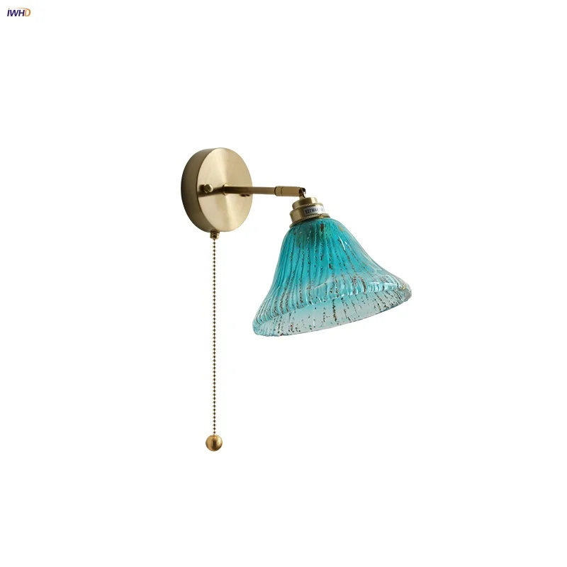 

IWHD Home Decor Wall Lamp Sconce Cafe Dining Room Pull Chain Switch Nordic Modern Blue Glass Up Down Rotate Stair Light Fixture