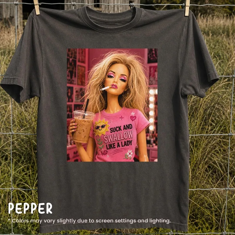 Suck and Swallow Like a Lady, Raunchy Inappropriate T Shirt Exchange, Offensive Doll Face Meme Shirt
