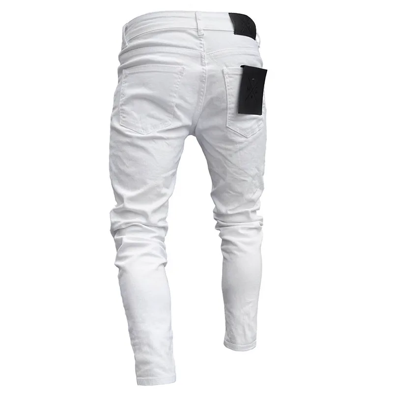 White Blue Black Jeans men\'s Stretchy Ripped Skinny Biker Embroidery Print Jeans Destroyed Hole Slim Fit High Quality Jean