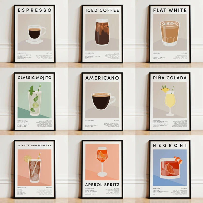 Póster de cóctel de moda Vintage, lienzo impreso de café expreso, pintura, carrito de Bar, imagen artística de pared para cocina, Club, decoración del hogar