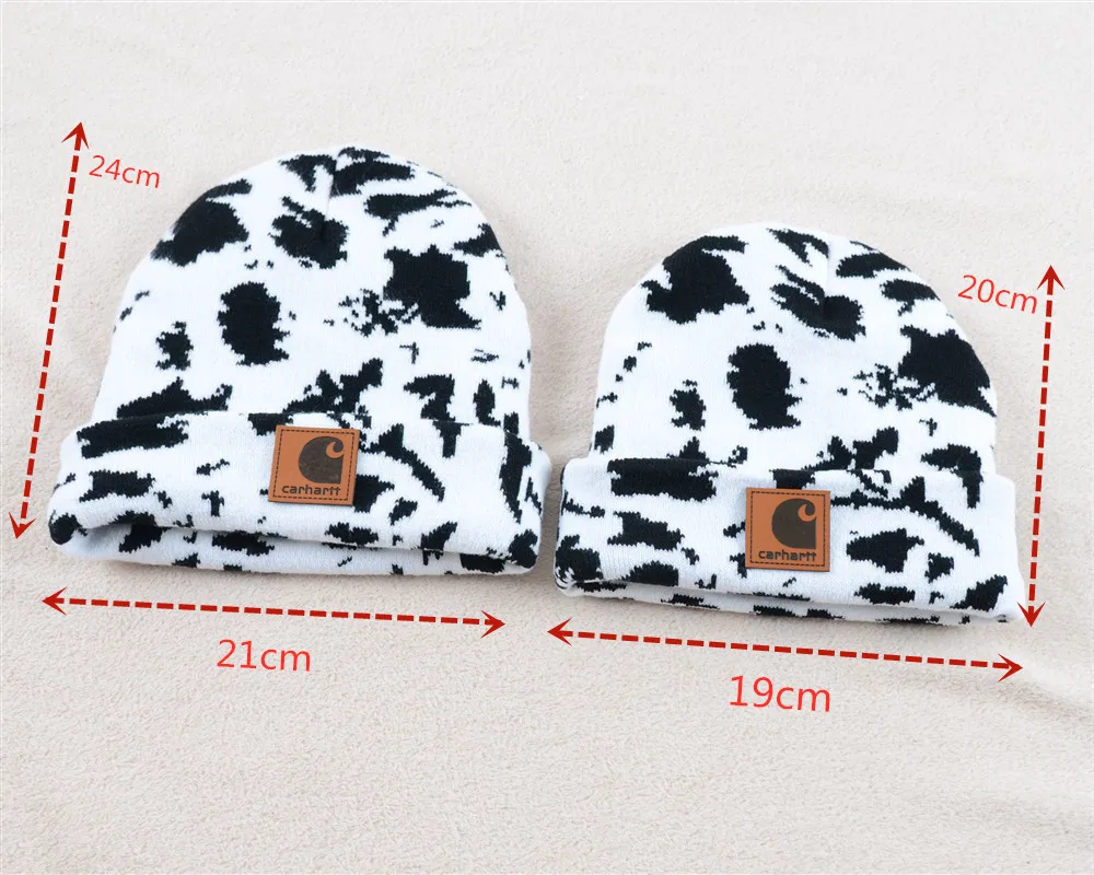 Cowprint Kids Adult Mommy and Me Beanies Knit Hat Double Layer Hem Wool Cap Hat Cheetah Print Beanies