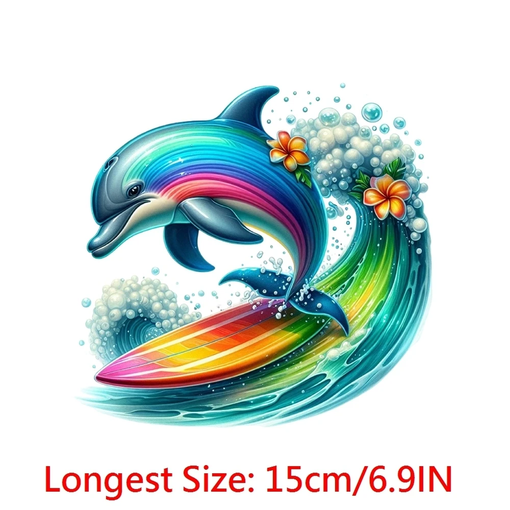15cm Cool Summer Holiday Dolphin Surfing Swiming HDiy DTF Heat Transfer Sticker T-shirt Clothes Decals Iron On Transfer Stickers