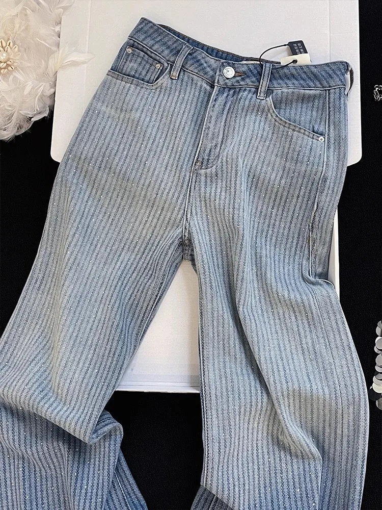 New Style Diamond Retro Female Jeans Straight-Leg Pants High Waist Daily Casual Loose Fit Office Lady Full Length Denim Trousers