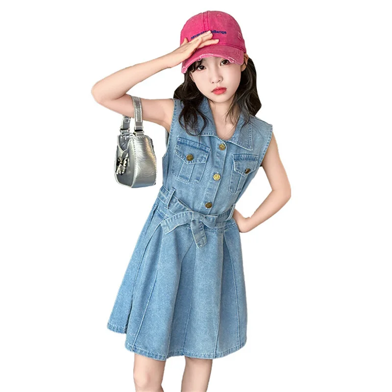 Girls Summer Dress New CuHK Kids Korean chic denim skirt sleeveless trend for little girls 6-12 years old