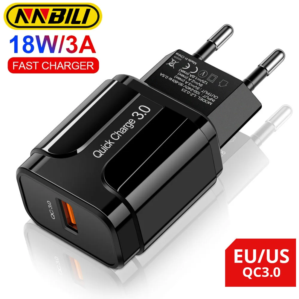 NNBILI 18W QC 3.0 3A Fast USB Charger Quick Charge 3.0 Phone Charger for iPhone for Huawei Samsung Xiaomi Redmi POCO EU US Plug