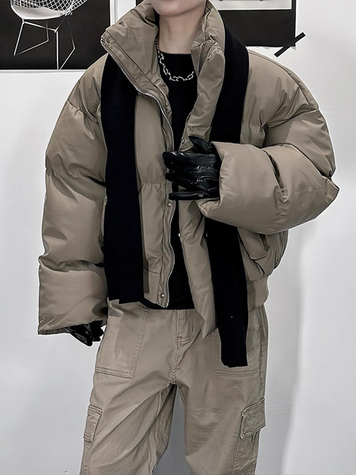 American Style PU Leather Short Stand Collar Cotton Jacket Men's Winter High Street Trendy Loose Bread Style Cotton Outerwear