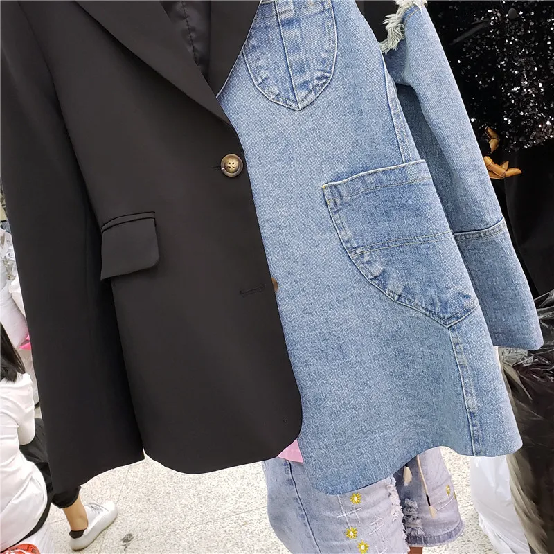 Irregular Denim Patchwork Blazer Jacket Women Spring Black Notched Collar Long Sleeve Outerwear Female Jeans Splicing Suit Coat