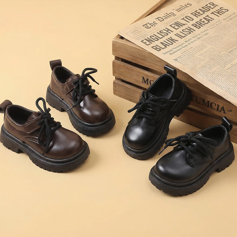 Boys Girls Black Leather Oxfords Lace-Up Chunky Platform School Uniform Shoes Comfortable Non-Slip Kids Dress Shoes for Daily