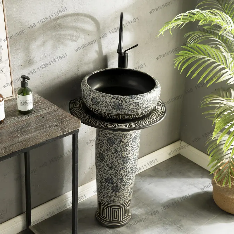 Ceramic column type balcony pillar basin household bathroom integrated floor art washbasin