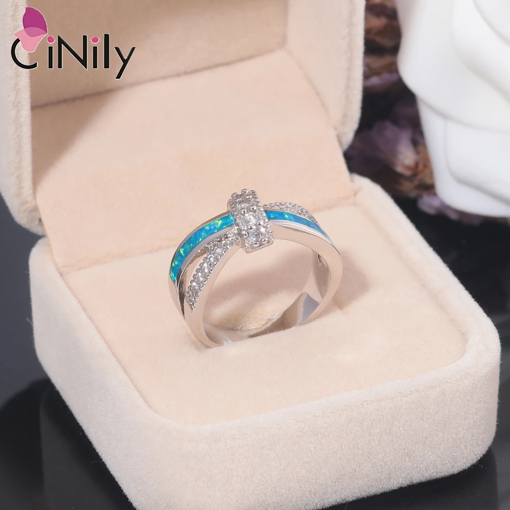 CiNily Mystic White/Blue Fire Opal Crossed Rings Cubic Zirconia anello placcato argento per le donne fedi nuziali gioielli di moda per feste