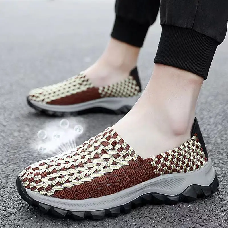 2024 New Men's Summer Handwoven Breathable Casual Shoes Soft Sole Non Slip Light Slip-On Sports Casual Shoes Walking Shoes