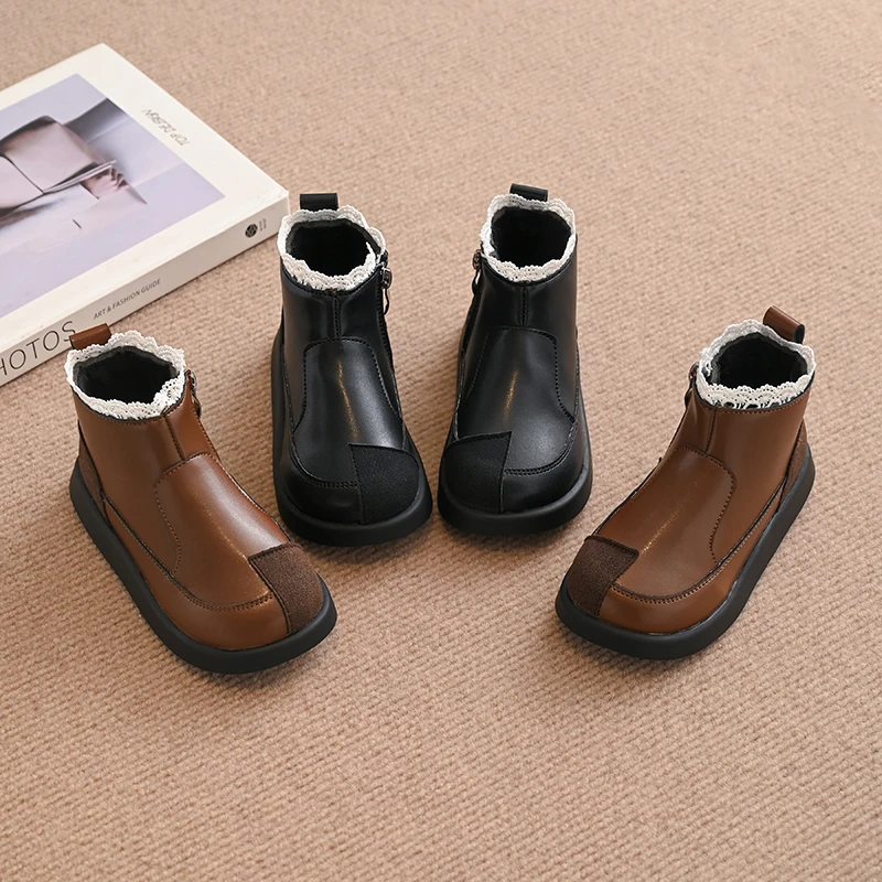 Crianças botas de princesa com renda doce meninas botas de couro curto antiderrapante crianças botas de tornozelo elegante 2024 outono inverno novo