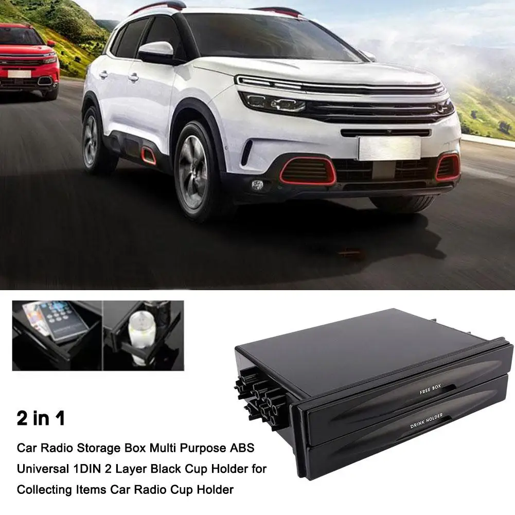 2 In 1 Car Radio Storage Box Multi Purpose ABS Universal 1DIN 2 Layer Cup Holder For Collecting Items Car Radio Black Cup H D0G6