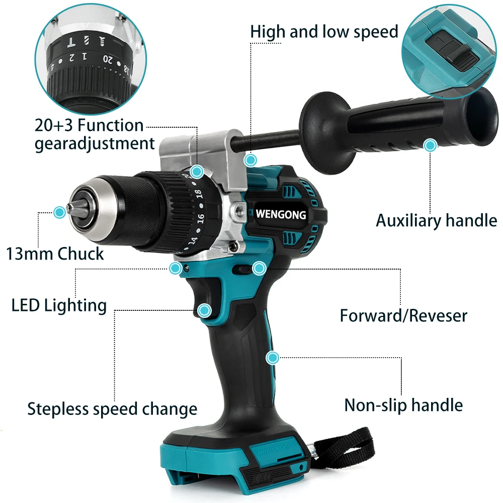 13mm 18v Brushless Electric Drill Cordless Impact Drill Screwdriver 150NM 20 Torque Li-Ion Battery Power Tool For Makita Battery