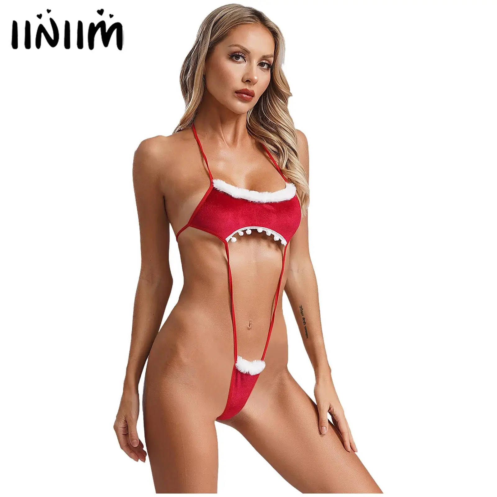 

Womens Sexy Christmas Santa Lingerie Bodysuit Velvet Hollow Out Flaunting Butt Erotic Jumpsuit Pompoms Bow Knot Bells Nightwer