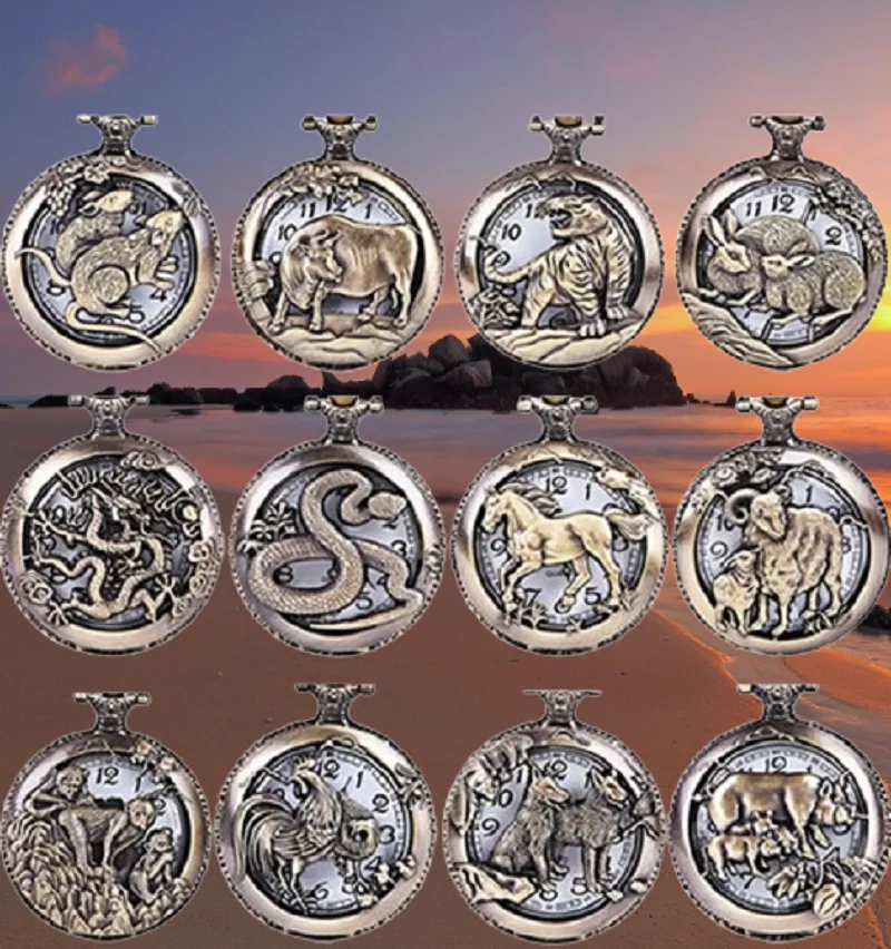 Dwanaście chińskich zodiaku hollow zegarki kieszonkowe wersja z klapką zegarek kieszonkowy i brelok wisiorek prezenty zegar prezent łańcuch z brązu naszyjnik