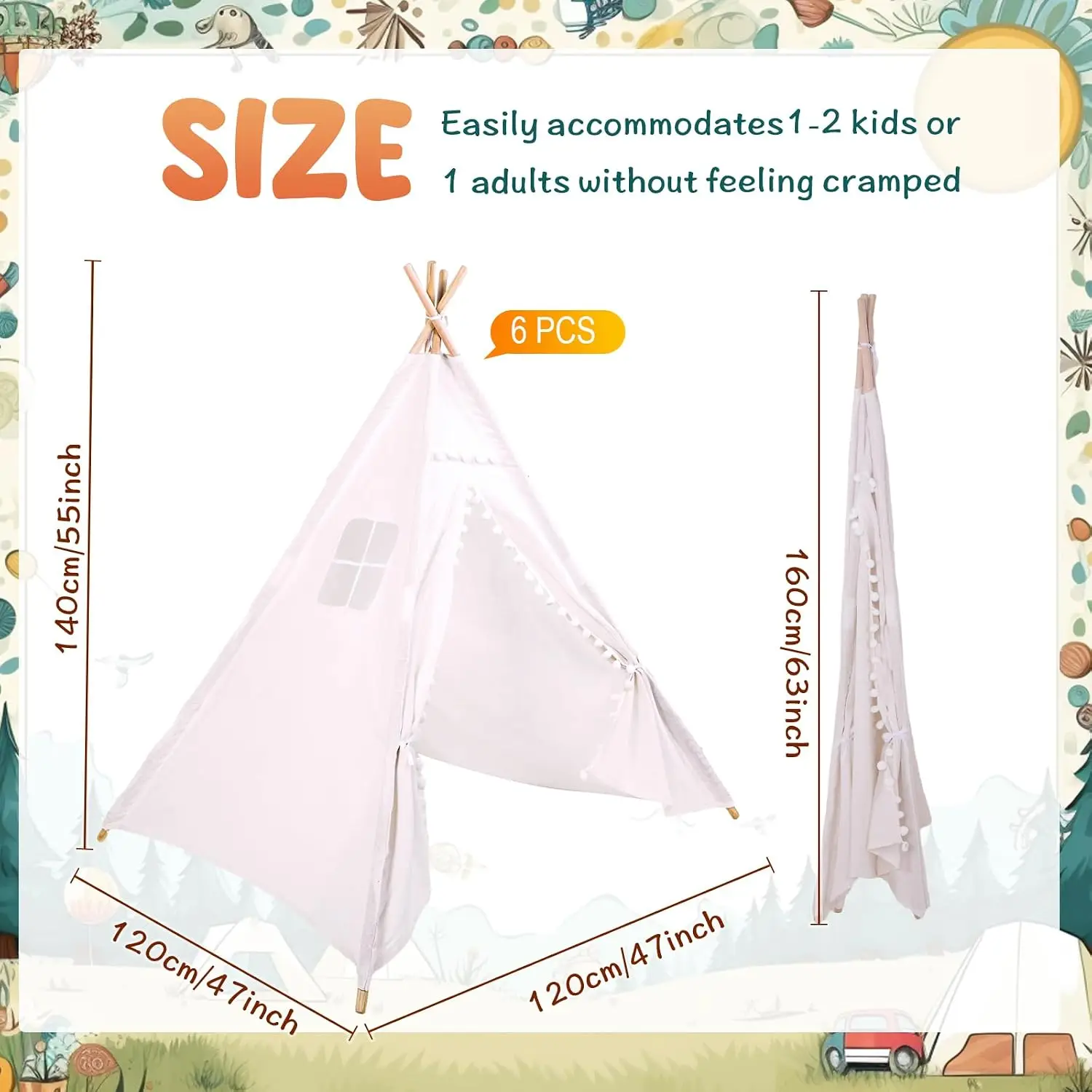 Windyun 6 Pcs Kids Teepee Tent Foldable Washable Indoor Outdoor for Boys Girls Toddler Boho Sleepovers Birthday Pajama Party Spa