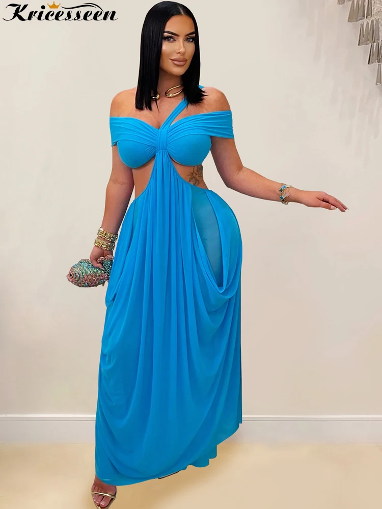 Kricessen Wunderschönes, schulterfreies, unregelmäßig drapiertes, langes Maxikleid mit Ausschnitten für Damen, glamouröses Mesh-Patchwork-Partykleid, Nachtclubwear