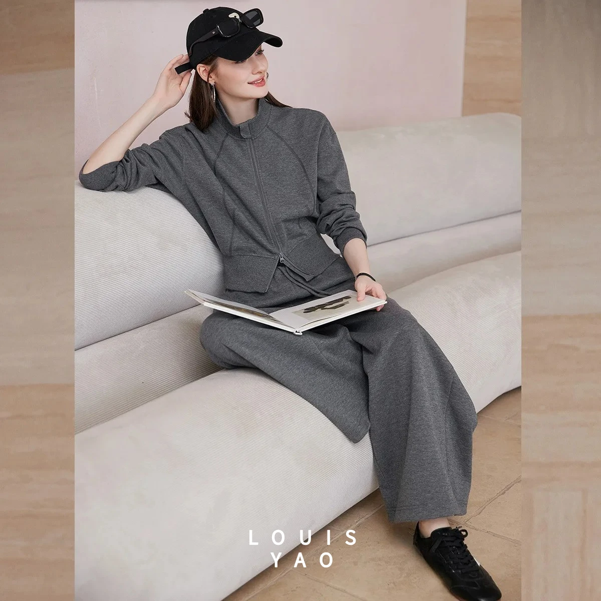 

LOUISYAO Women's 2 Piece Outfit 2026 Spring Sweet Cool Style Stand Collar Zip Top Elastic Waist Regular Fit Casual Pants Set