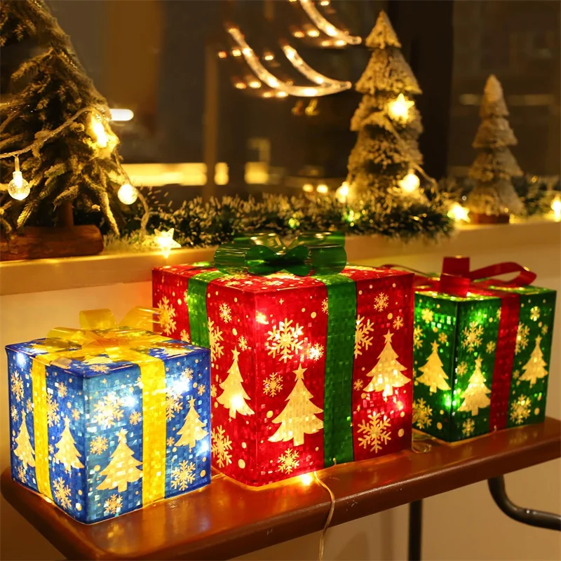 3Pcs/Set PVC Christmas Gift Box Set Luminous Folding Christmas Lighting Box with Bow Ribbon Christmas Glowing Decoration Outdoor