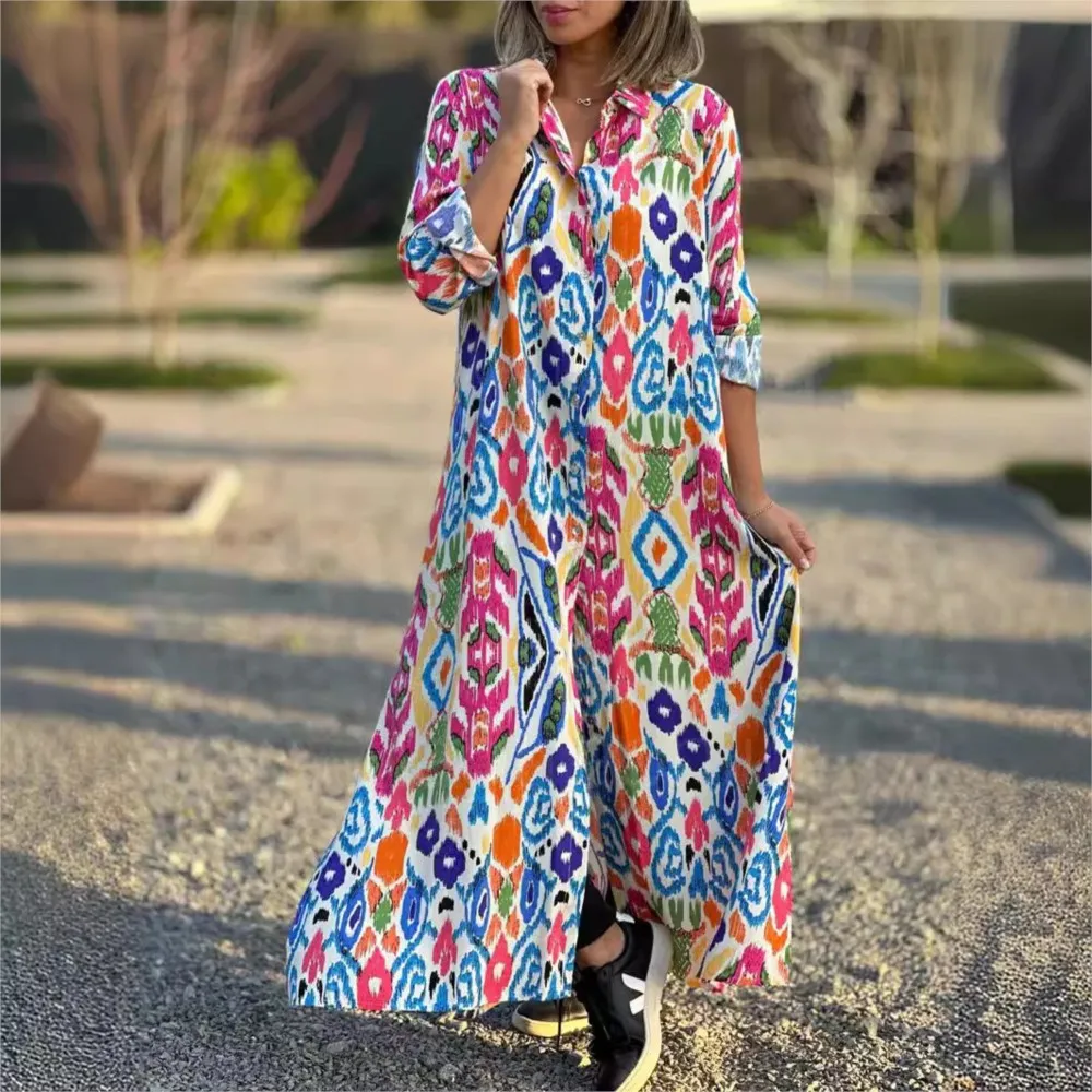 

Fashionable Single Breasted Slit Big Swing Dress 2024 Women's New Elegant Lapel Long Sleeved Printed Shirt Dress Roupas Feminina