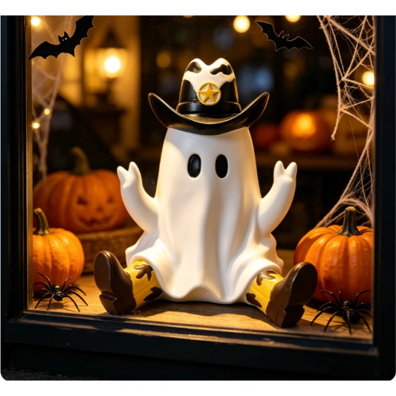 Halloween Cowboy Ghost Resin Figurine – Creative Spooky Statue, Perfect Desktop Decor Ornament for Home Display