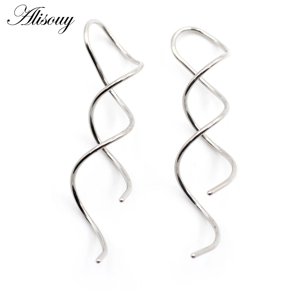 Alisouy 2PCS Punk Stainless Steel Wave Tassel Twist Dangle Men Women Ear Hook Earrings Fake Ear Expander Piercing Body Jewelry