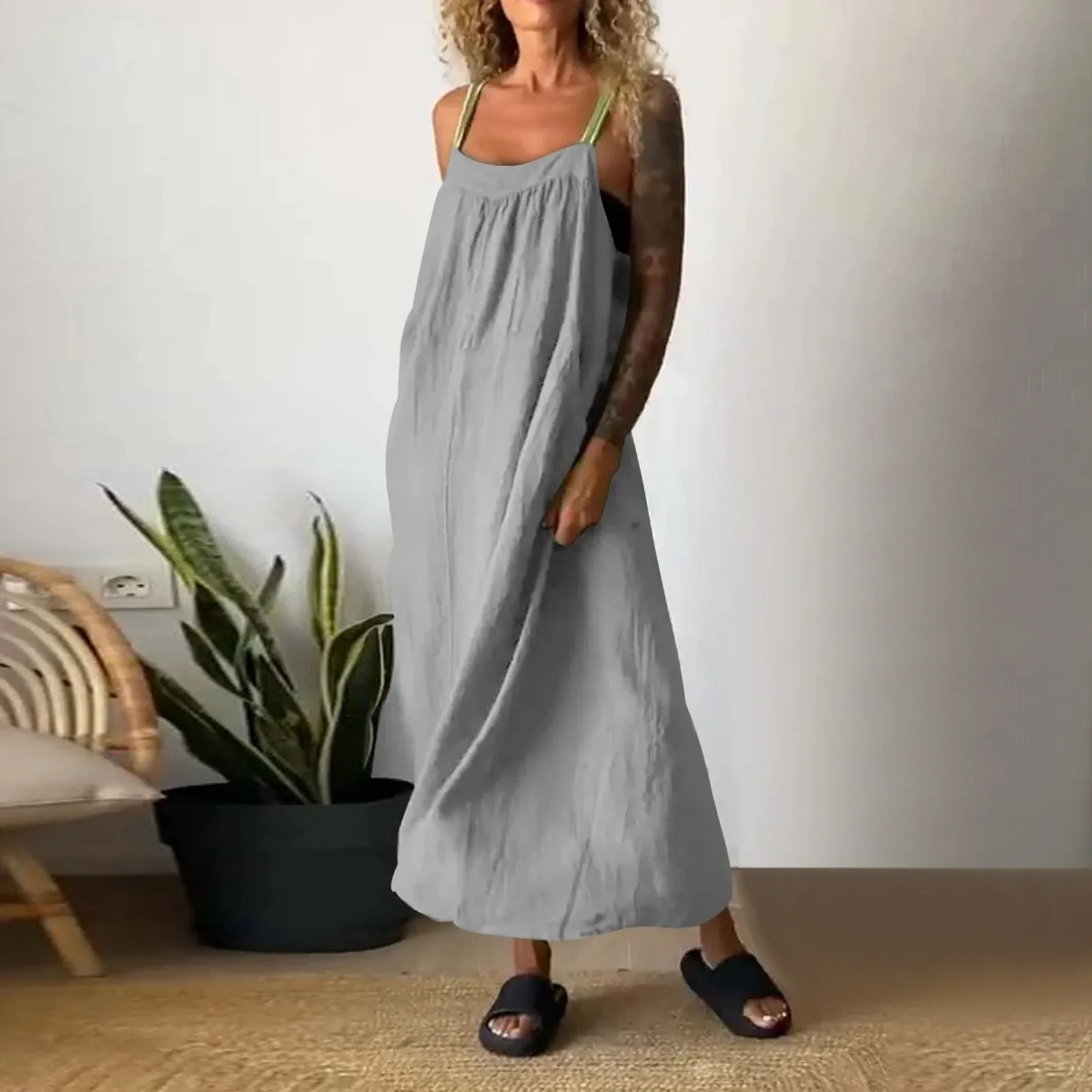 

Women'S Solid Color Casual Slip Skirt Wide Shoulder Loose Comfortable Long Dress Simple Fashion Breathable Casual Skirt