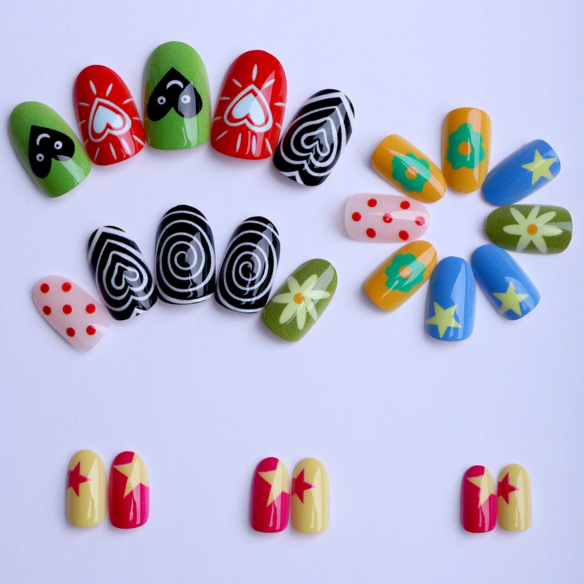 24PCS Colorful False Nails Sweet Cool Dopamine Press on Ins Nails Short Oval Swirl Love Star Polka Dots Designs Fake Nails Tips