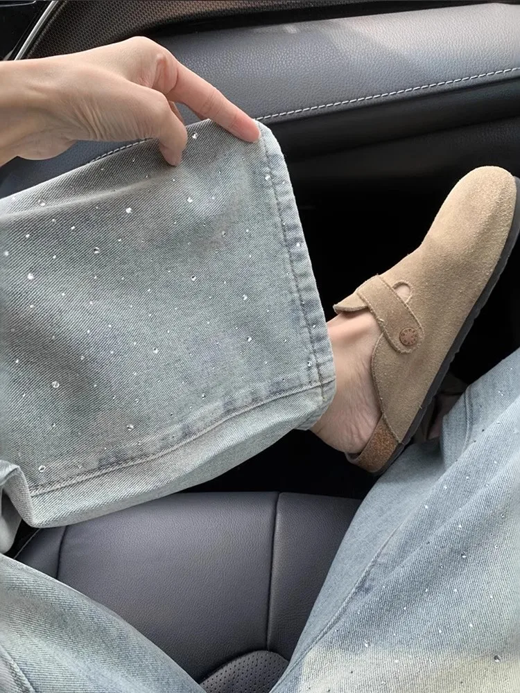 

Корейские модные джинсовые широкие брюки со стразами, женские длинные брюки нового дизайна, повседневные синие брюки с высокой талией