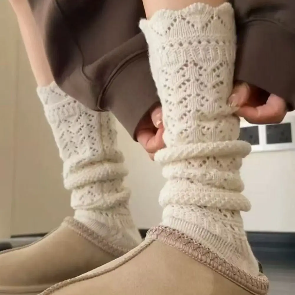 New Knitted Hollow Calf Socks Warmth Harajuku Street Stacked Long Tube Socks Casual Breathable Mid Tube Socks Autumn Winter