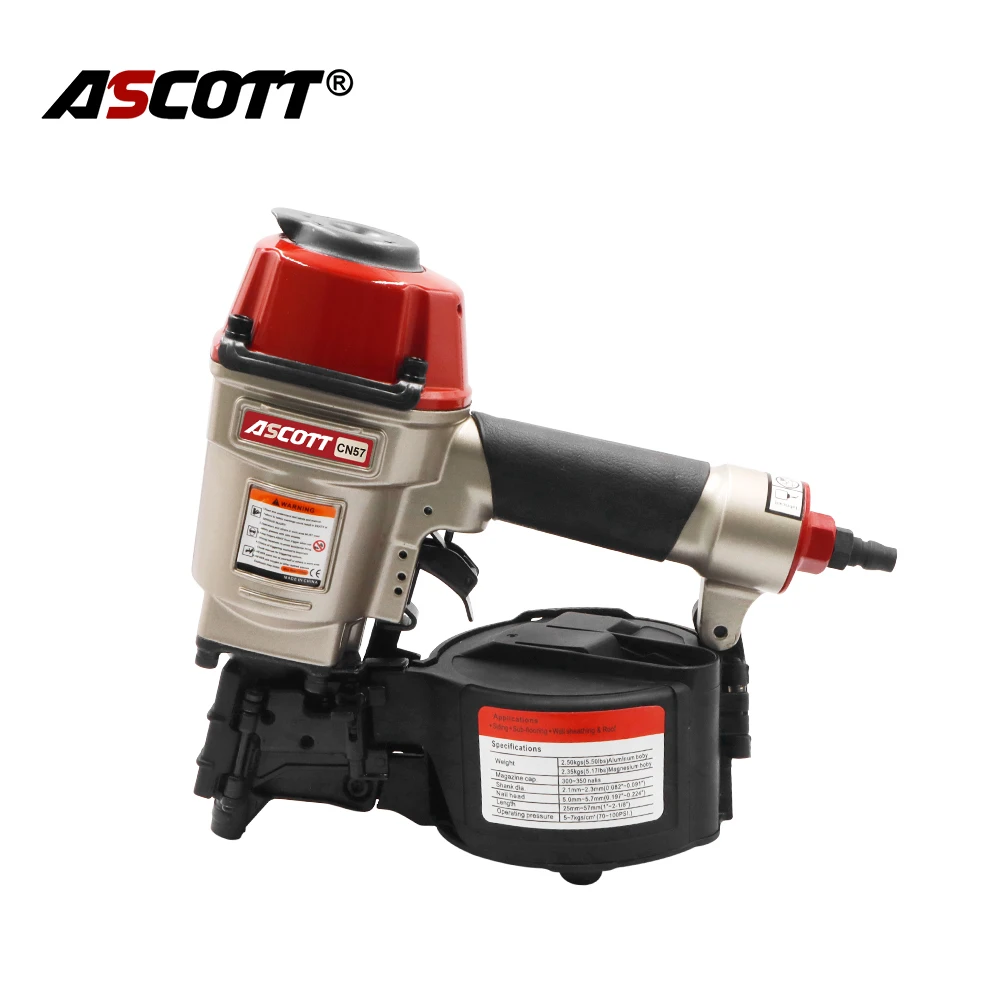 ASCOTT CN57 Pneumatic Coil Nailer 15° Industrial Pallet Nail Gun 25-57mm Nails for Making Wood Strip Box Tray Fence Roof Sheath