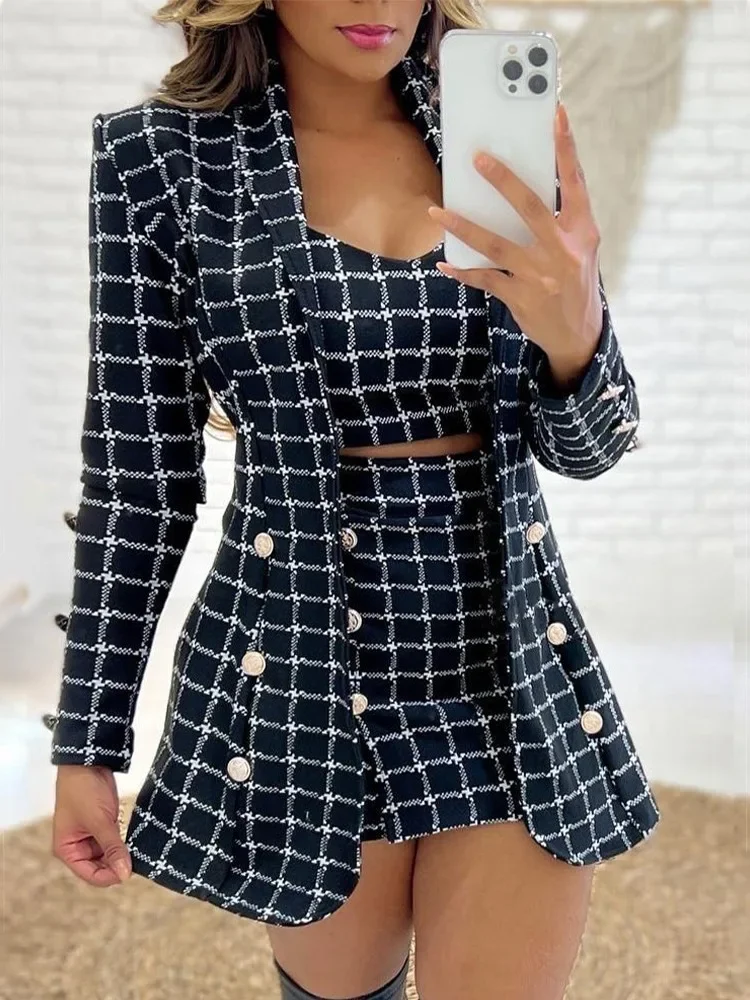 

2024 Winter Women Sets Outifits New 3PCS Houndstooth Print Blazer Coat & Skirt Set With Crop Top Of Casual Womens Elegant