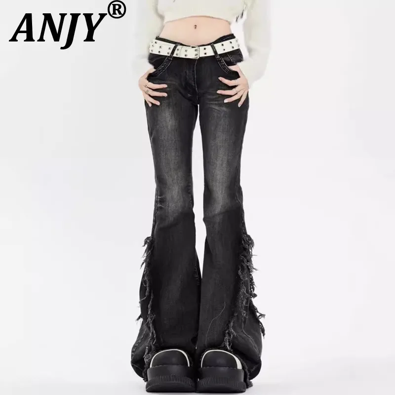

ANJY, осенние новые женские шикарные расклешенные джинсы, потертые джинсовые заусенцы для похудения, элегантные модные уличные модные повседневные брюки Y2K A9800