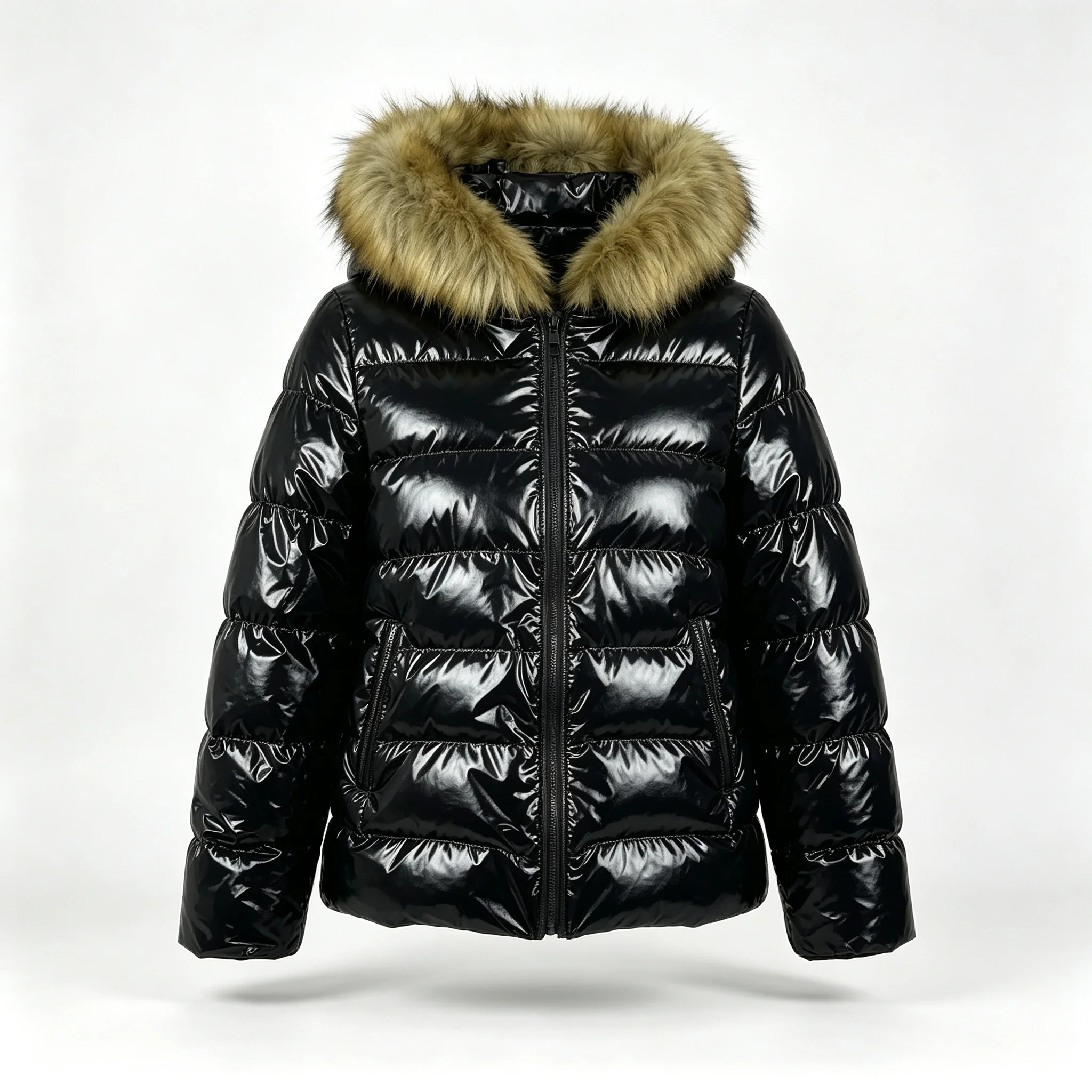Women's Shiny Puffer Jacket Faux Fur Collar Hooded Quilted Thermal Warm Slim Fit Short Lightweight Glossy Winter Coat for Women