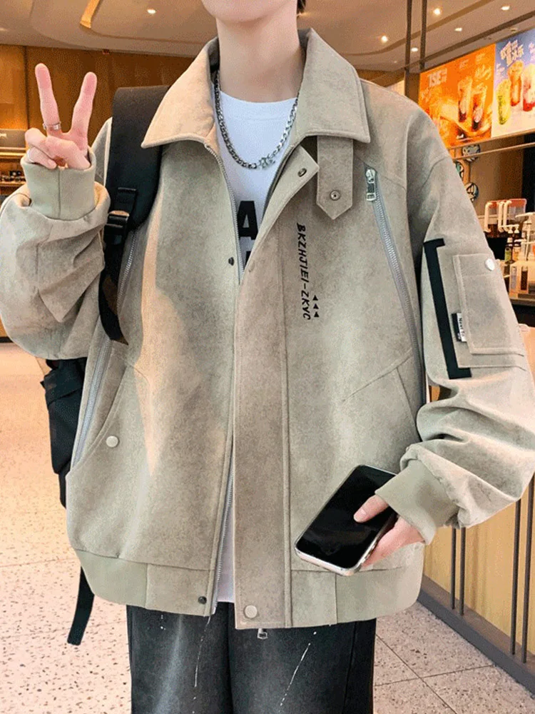 

Мужская замшевая куртка в стиле ретро, повседневная свободная верхняя одежда с мотоциклетным воротником, осеннее новое длинное пальто из полиэфирного волокна