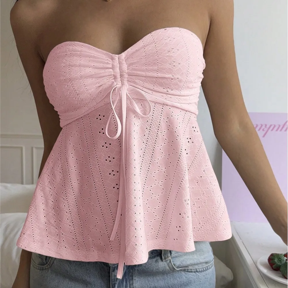 

Sexy Women's Strappy Vest Spring Summer Solid Color Fashion Slim Fit Knitted Tube Top Hollow Breathable Strapless Pleated Top