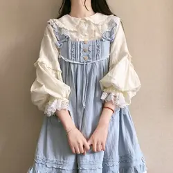 KOSAHIKI Kawaii Lolita Blouse Women Lace Peter Pan Collar Vintage Lantern Sleeve Cute Shirt Japanese Gilr Sweet Ruffle Jk Blusas