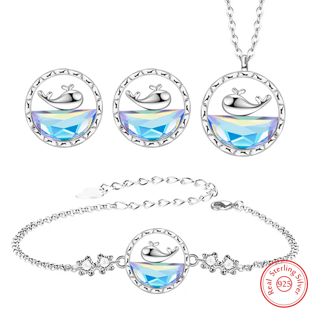 

New Fashion Lady's 925 Sterling Silver Crystal Cute Whale Earrings Necklace Bracelet Jewelry Set FQL24003