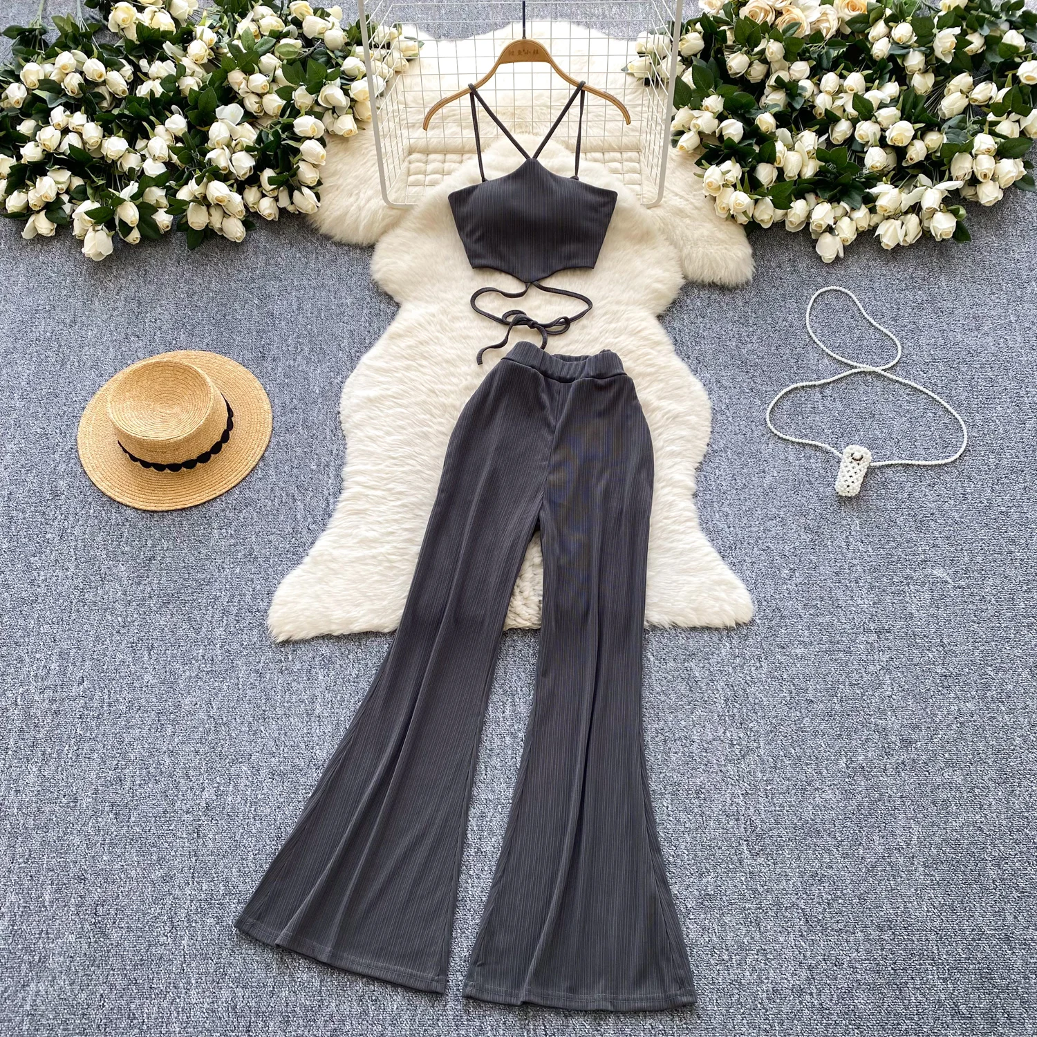 Vrouwelijke trendy zomertopbroek set 2-luxe design pak trekkoord camis tanks flare broek hotsweet sexi nachtclub streetwear