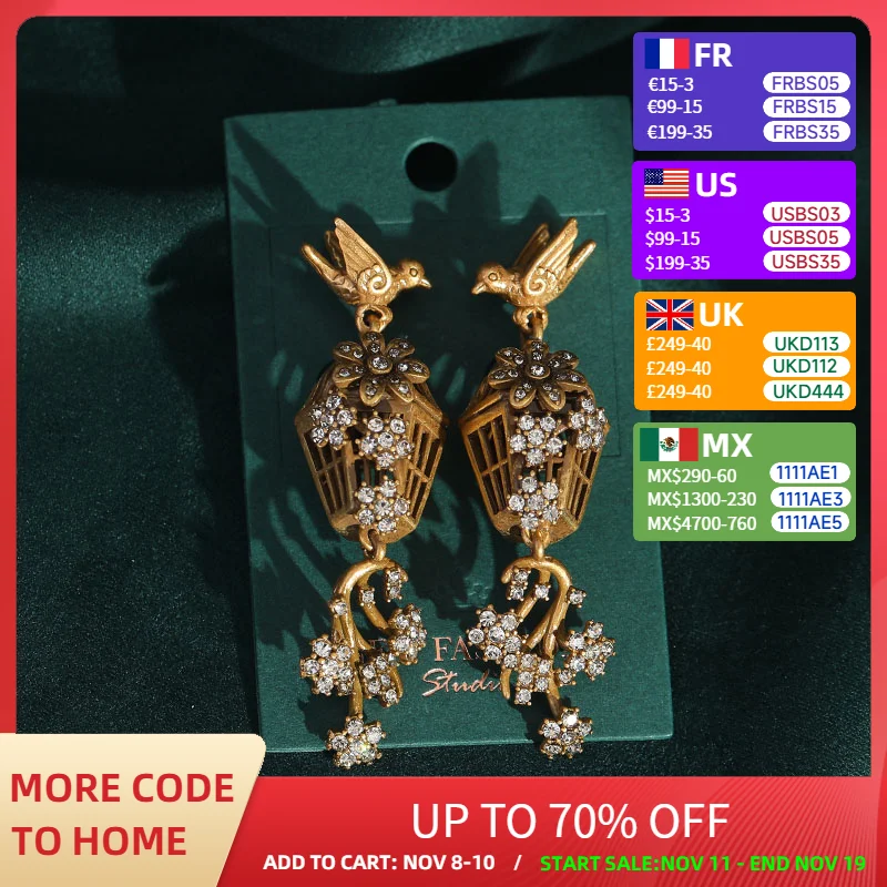 

Vintage Rhinestones Inlay Hollow Bird Cage Drop Earrings for Women Dangle Ear Ring with Leaf Luxury Accessories Trending Jewelry
