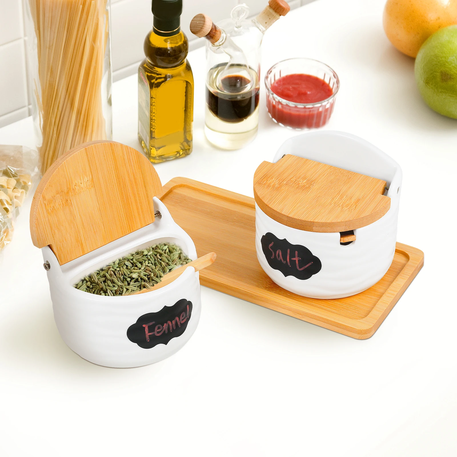 

2Pcs Ceramic Seasoning jar with Lid Spoon Seasoning Box for Sugar Salt Spice Bottle container with Serving Tray Kitchen supplies