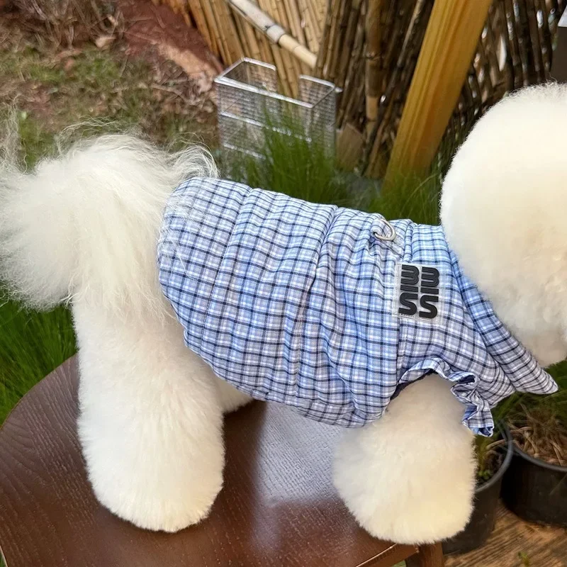 Blue Checkered Dog Clothes Teddy Winter Thickened Cotton Coat Yorkshire Warm-Weather Outerwear with Traction Buckle