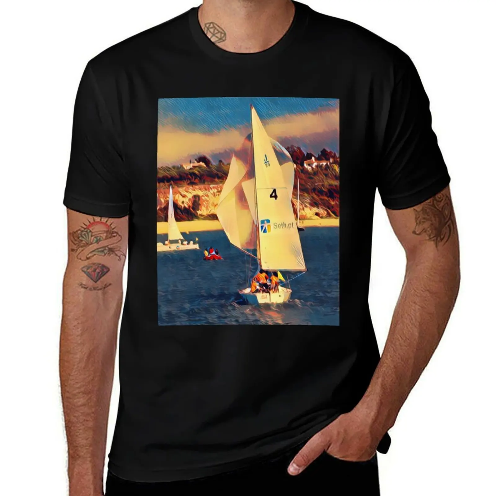 Sailing boats sailing at sea with their sailors near the coast. T-Shirt Sweat Resistant Workout Tee Shirt T-Shirt