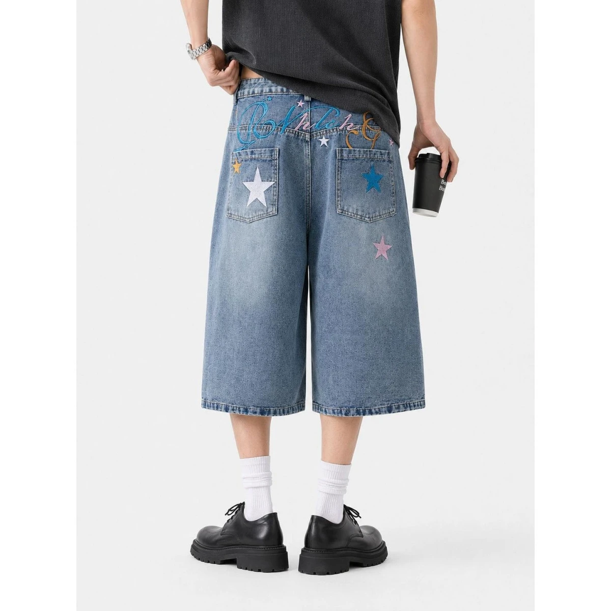 

American Retro Star Embroidery Washed Denim Seven-Foot Pants Unisex Summer Loose Casual Wide Leg Shorts Trendy