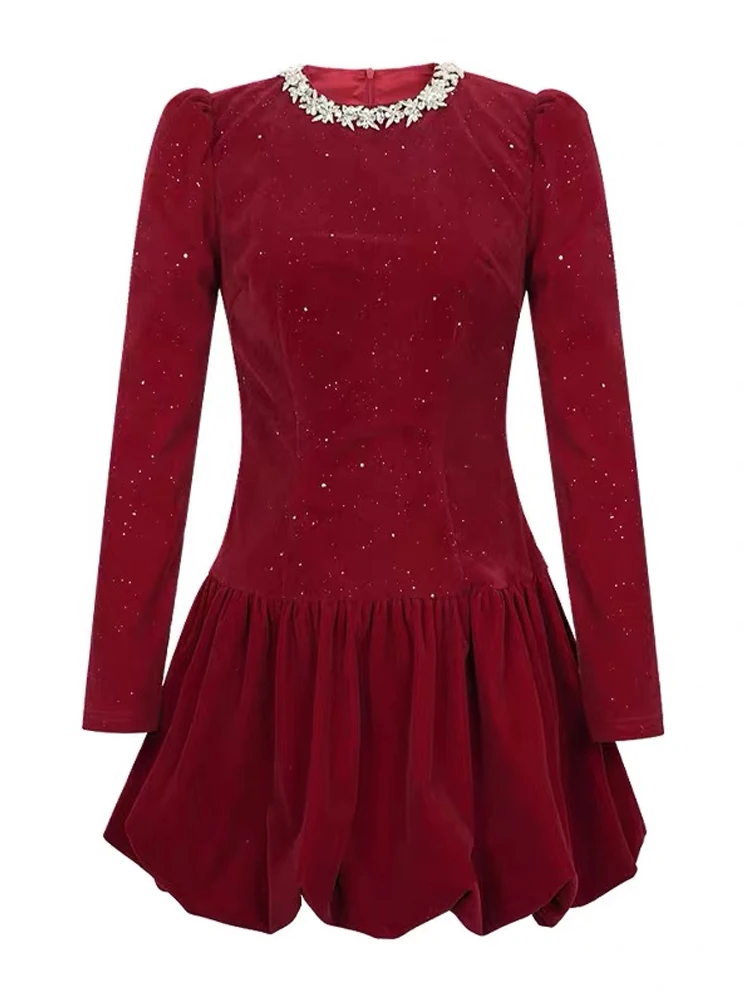 女性のイブニングドレスレッドベルベット光沢のある O ネックスリムミニショートドレスエレガントな高級女性パーティープロム Vestidos クリスマス新年