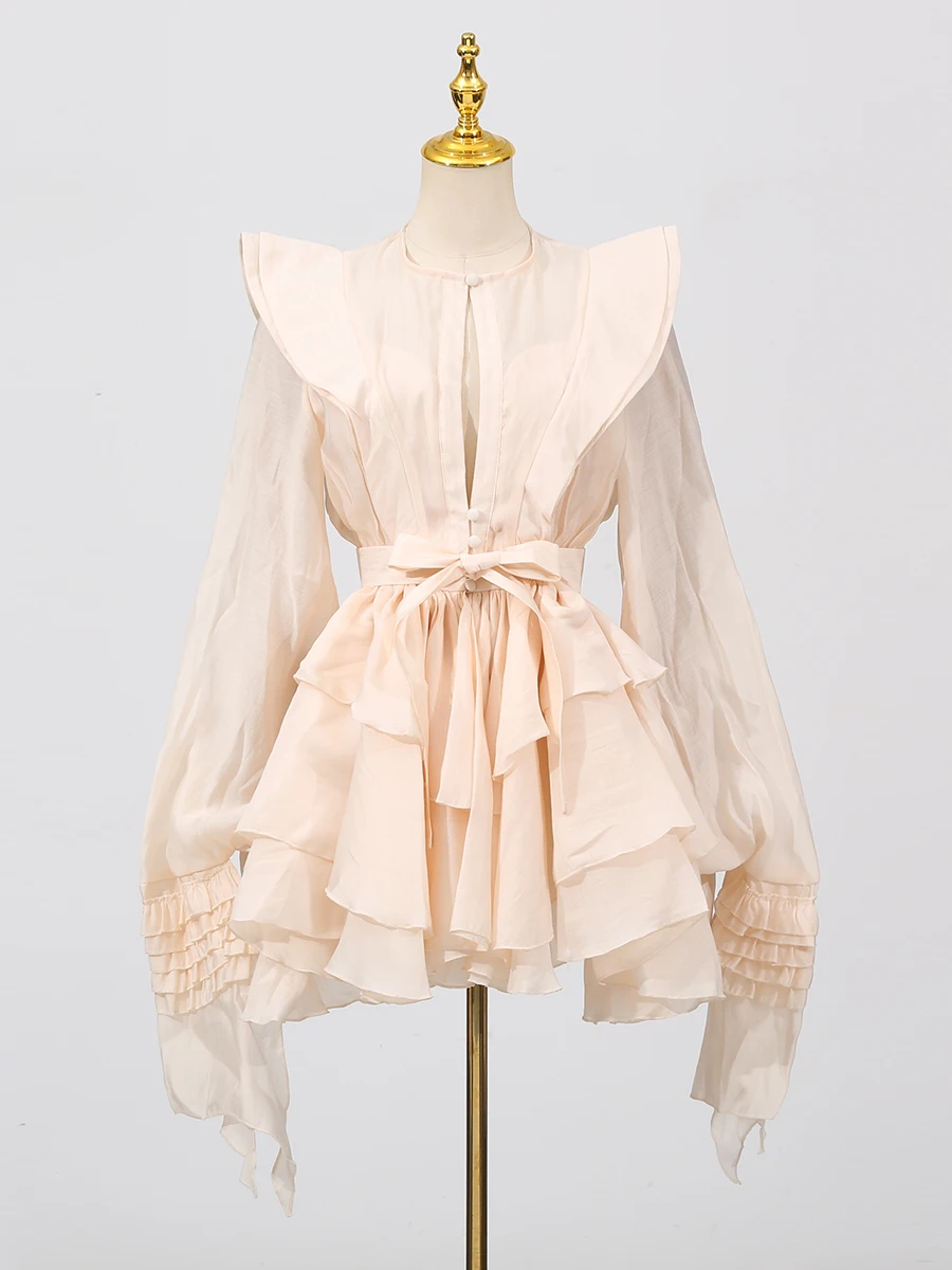 VGH เซ็กซี่ Patchwork Hollow OUT ชุดพัฟสําหรับผู้หญิงรอบคอโคมไฟแขนยาวเอว Spliced Lace Up ชุดเดรสหญิงใหม่